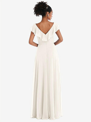 【STYLE: TH064】Ruffle-Trimmed V-Back Chiffon Maxi Dress【COLOR: Ivory】