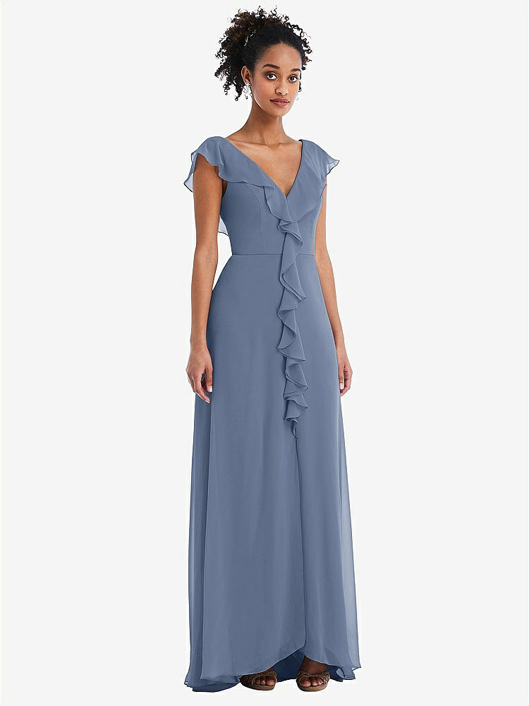 【NEW】【STYLE: TH064】Ruffle-Trimmed V-Back Chiffon Maxi ドレス【COLOR: Larkspur Blue】【SIZE: 00-30W】