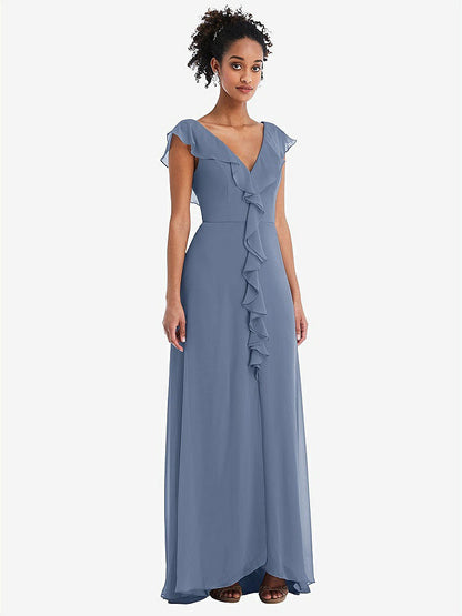 【NEW】【STYLE: TH064】Ruffle-Trimmed V-Back Chiffon Maxi ドレス【COLOR: Larkspur Blue】【SIZE: 00-30W】