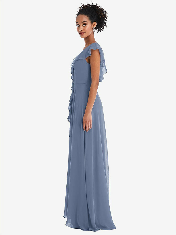【NEW】【STYLE: TH064】Ruffle-Trimmed V-Back Chiffon Maxi ドレス【COLOR: Larkspur Blue】【SIZE: 00-30W】