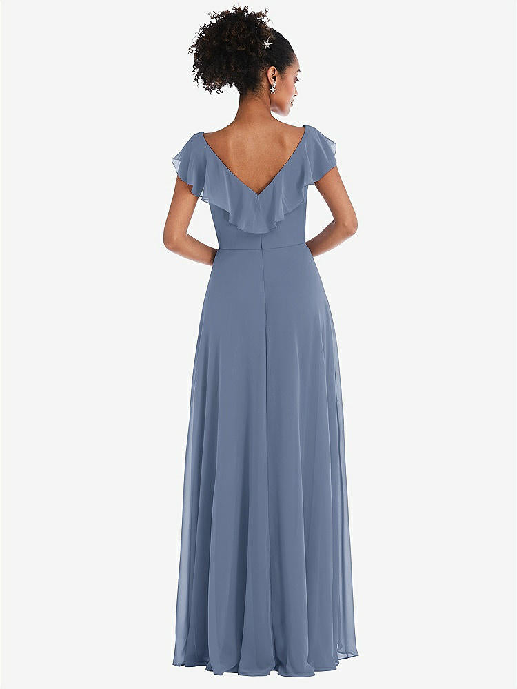 【STYLE: TH064】Ruffle-Trimmed V-Back Chiffon Maxi Dress【COLOR: Larkspur Blue】