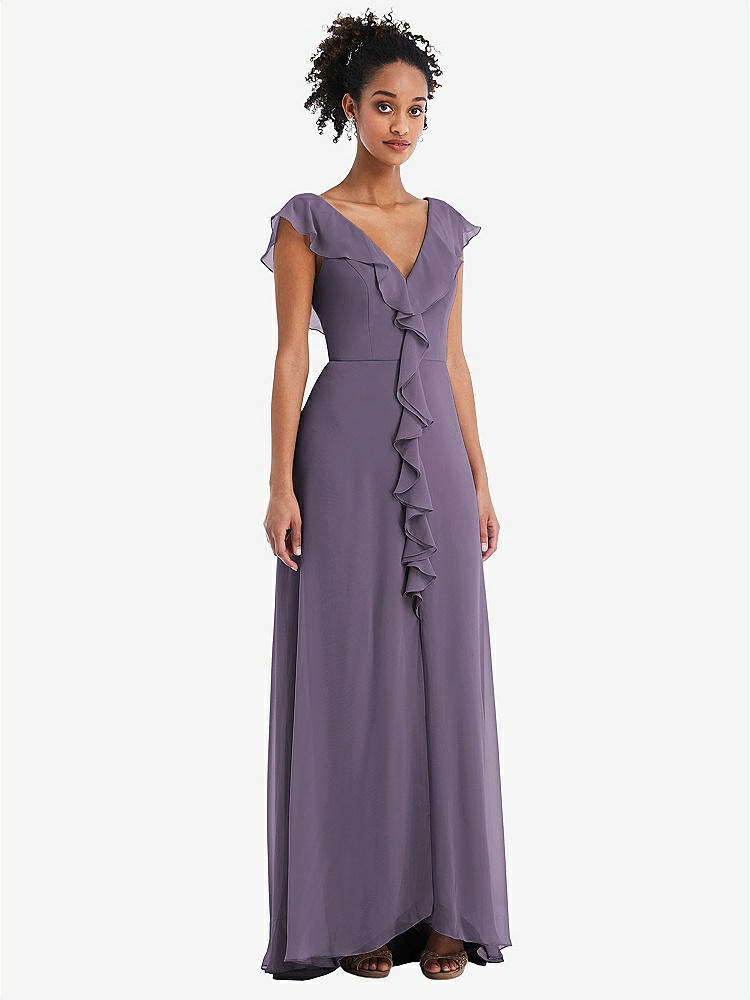 【STYLE: TH064】Ruffle-Trimmed V-Back Chiffon Maxi Dress【COLOR: Lavender】