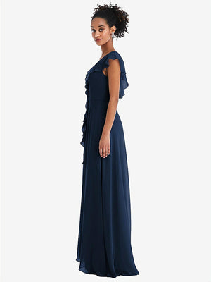 【STYLE: TH064】Ruffle-Trimmed V-Back Chiffon Maxi Dress【COLOR: Midnight Navy】