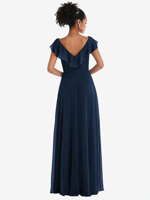 【STYLE: TH064】Ruffle-Trimmed V-Back Chiffon Maxi Dress【COLOR: Midnight Navy】