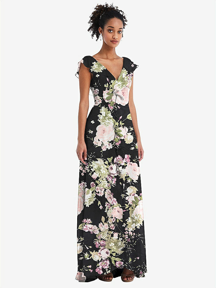 【STYLE: TH064】Ruffle-Trimmed V-Back Chiffon Maxi Dress【COLOR: Noir Garden】