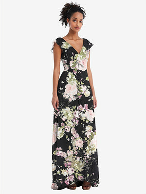 【STYLE: TH064】Ruffle-Trimmed V-Back Chiffon Maxi Dress【COLOR: Noir Garden】