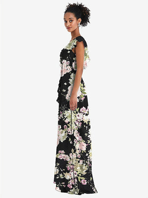 【STYLE: TH064】Ruffle-Trimmed V-Back Chiffon Maxi Dress【COLOR: Noir Garden】