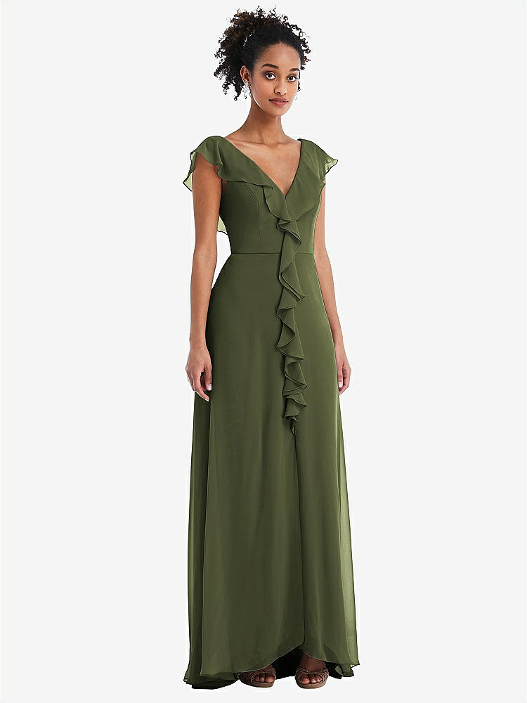 【NEW】【STYLE: TH064】Ruffle-Trimmed V-Back Chiffon Maxi ドレス【COLOR: Olive Green】【SIZE: 00-30W】