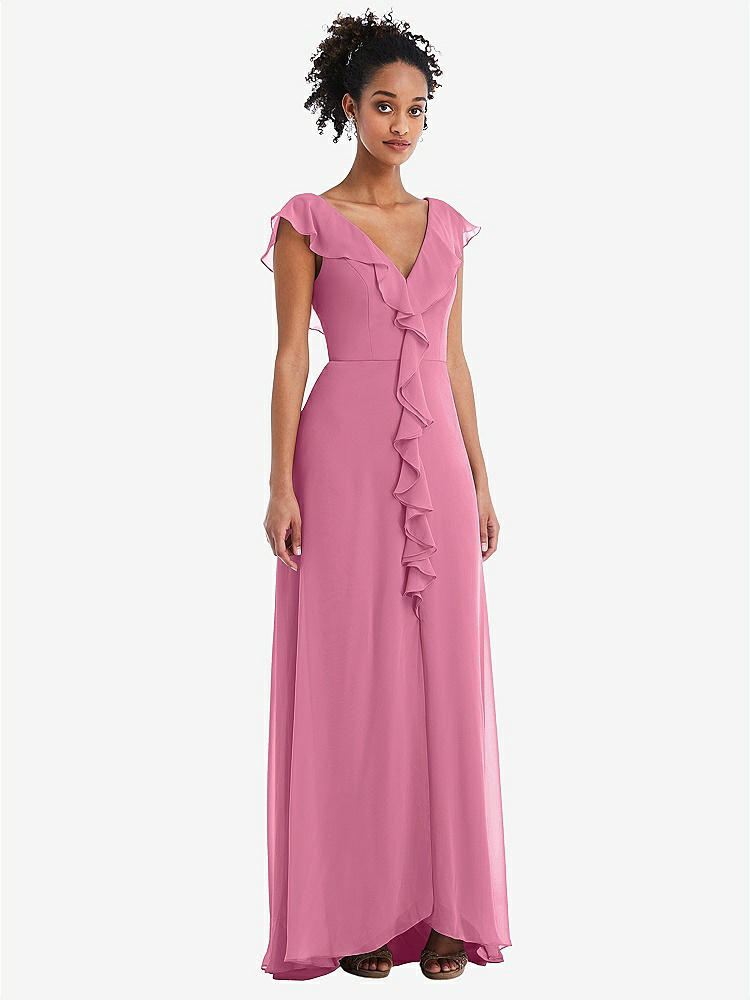 【STYLE: TH064】Ruffle-Trimmed V-Back Chiffon Maxi Dress【COLOR: Orchid Pink】