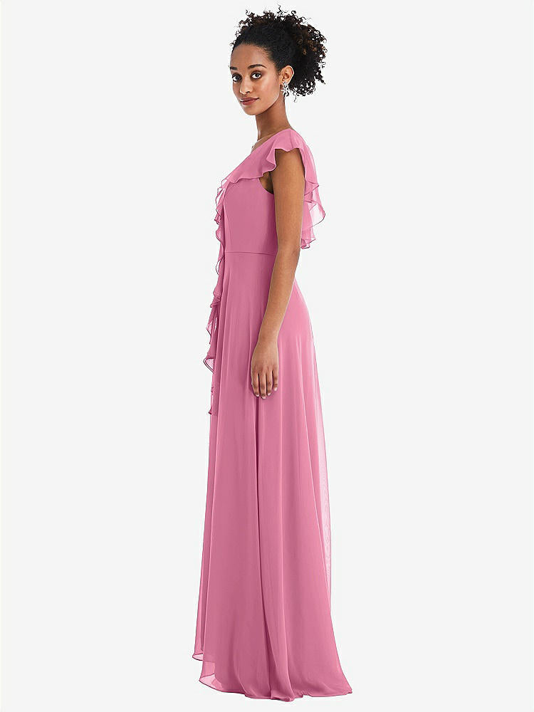 【STYLE: TH064】Ruffle-Trimmed V-Back Chiffon Maxi Dress【COLOR: Orchid Pink】
