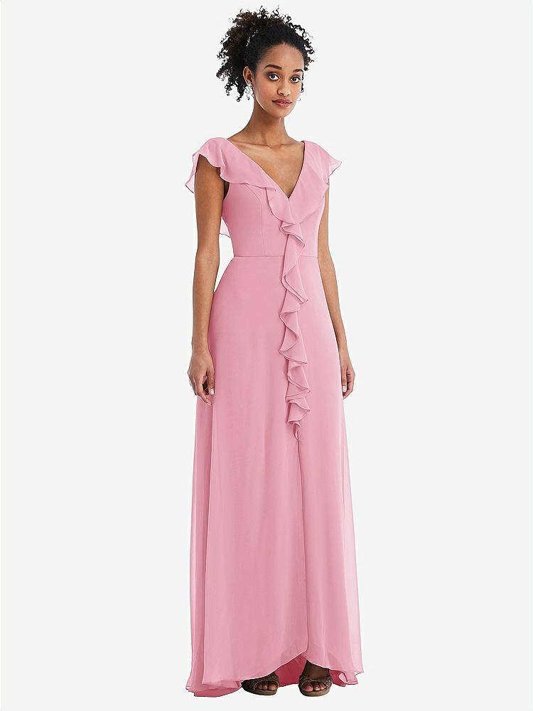 【STYLE: TH064】Ruffle-Trimmed V-Back Chiffon Maxi Dress【COLOR: Peony Pink】