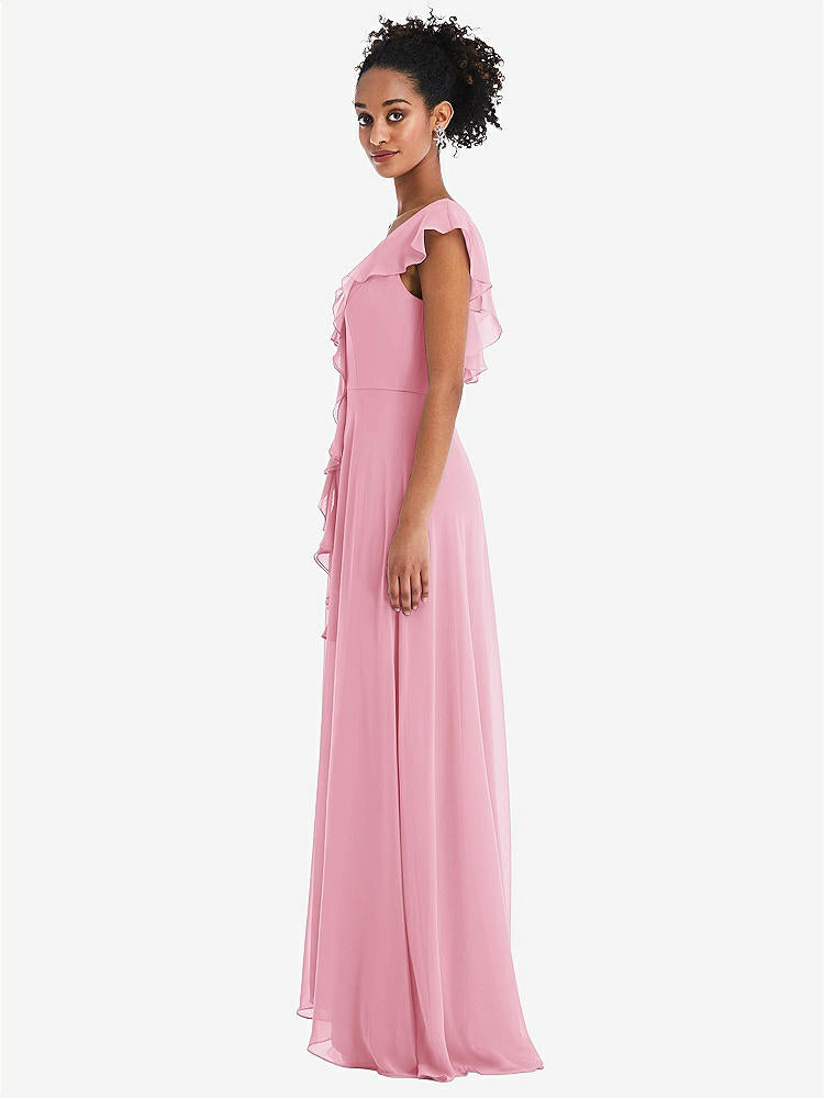 【STYLE: TH064】Ruffle-Trimmed V-Back Chiffon Maxi Dress【COLOR: Peony Pink】