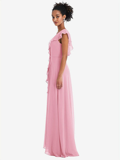 【STYLE: TH064】Ruffle-Trimmed V-Back Chiffon Maxi Dress【COLOR: Peony Pink】