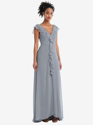 【STYLE: TH064】Ruffle-Trimmed V-Back Chiffon Maxi Dress【COLOR: Platinum】