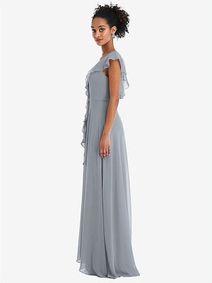 【STYLE: TH064】Ruffle-Trimmed V-Back Chiffon Maxi Dress【COLOR: Platinum】
