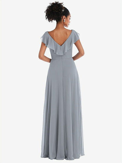 【STYLE: TH064】Ruffle-Trimmed V-Back Chiffon Maxi Dress【COLOR: Platinum】