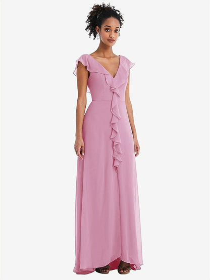 【STYLE: TH064】Ruffle-Trimmed V-Back Chiffon Maxi Dress【COLOR: Powder Pink】