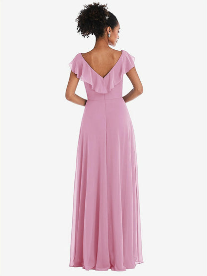 【STYLE: TH064】Ruffle-Trimmed V-Back Chiffon Maxi Dress【COLOR: Powder Pink】