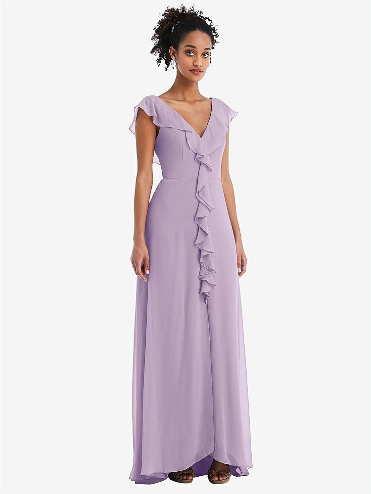 【STYLE: TH064】Ruffle-Trimmed V-Back Chiffon Maxi Dress【COLOR: Pale Purple】