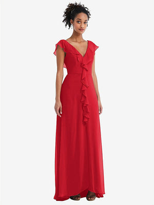 【STYLE: TH064】Ruffle-Trimmed V-Back Chiffon Maxi Dress【COLOR: Parisian Red】