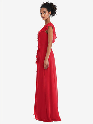 【STYLE: TH064】Ruffle-Trimmed V-Back Chiffon Maxi Dress【COLOR: Parisian Red】