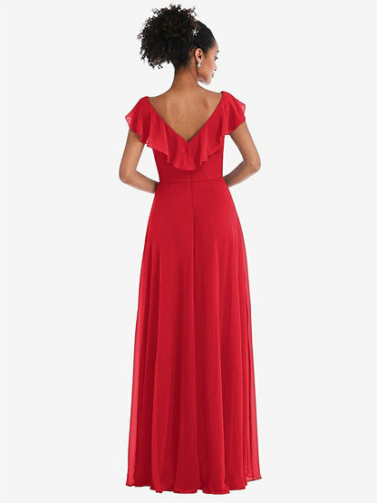 【STYLE: TH064】Ruffle-Trimmed V-Back Chiffon Maxi Dress【COLOR: Parisian Red】