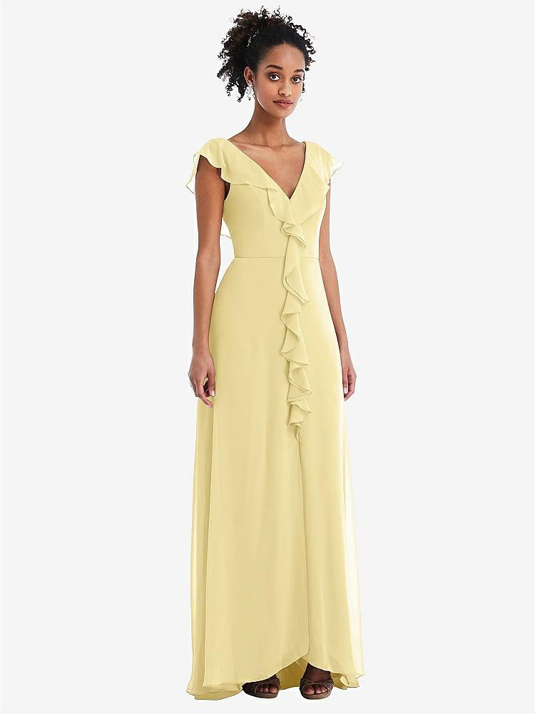【STYLE: TH064】Ruffle-Trimmed V-Back Chiffon Maxi Dress【COLOR: Pale Yellow】