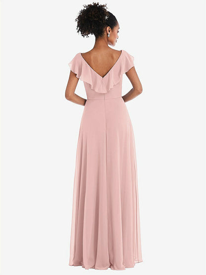 【STYLE: TH064】Ruffle-Trimmed V-Back Chiffon Maxi Dress【COLOR: Rose - PANTONE Rose Quartz】