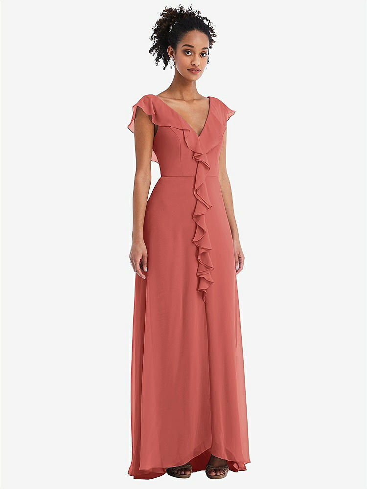 【STYLE: TH064】Ruffle-Trimmed V-Back Chiffon Maxi Dress【COLOR: Coral Pink】