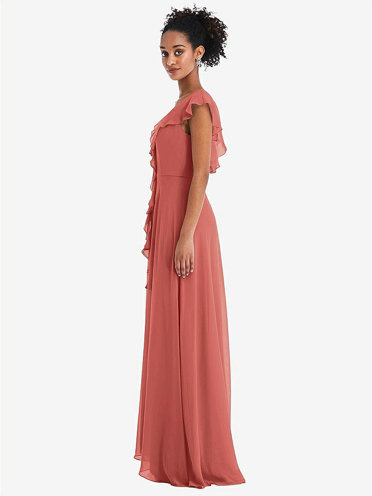 【STYLE: TH064】Ruffle-Trimmed V-Back Chiffon Maxi Dress【COLOR: Coral Pink】