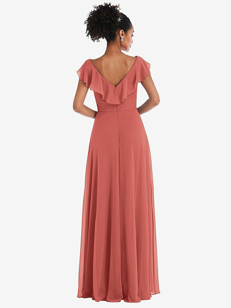 【STYLE: TH064】Ruffle-Trimmed V-Back Chiffon Maxi Dress【COLOR: Coral Pink】