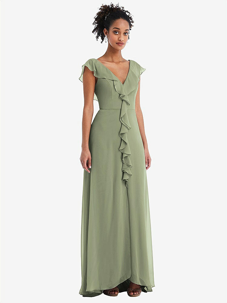 【STYLE: TH064】Ruffle-Trimmed V-Back Chiffon Maxi Dress【COLOR: Sage】