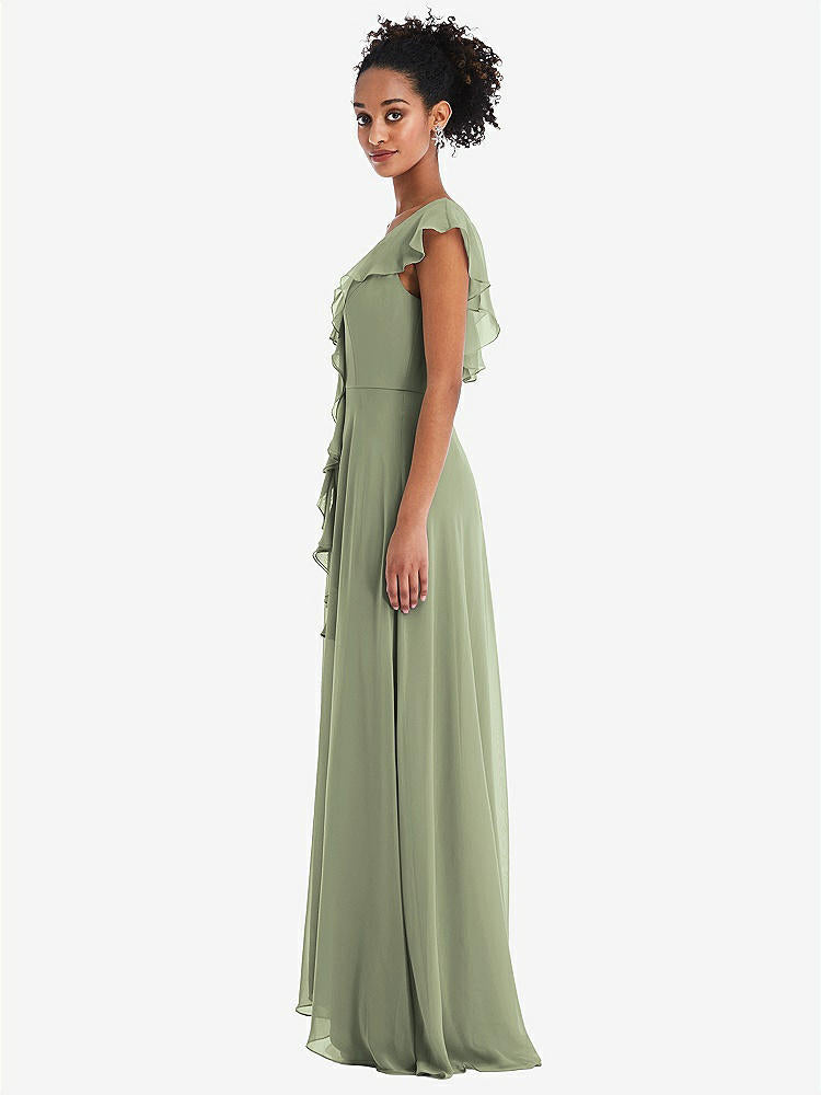 【NEW】【STYLE: TH064】Ruffle-Trimmed V-Back Chiffon Maxi ドレス【COLOR: Sage】【SIZE: 00-30W】