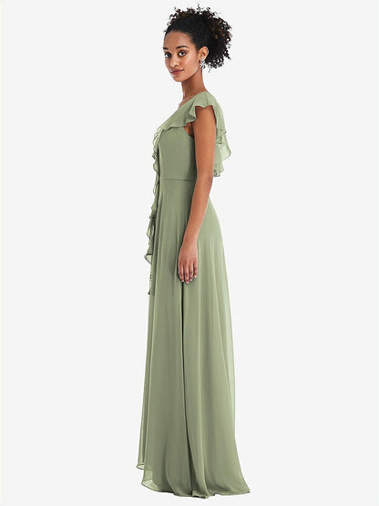 【STYLE: TH064】Ruffle-Trimmed V-Back Chiffon Maxi Dress【COLOR: Sage】