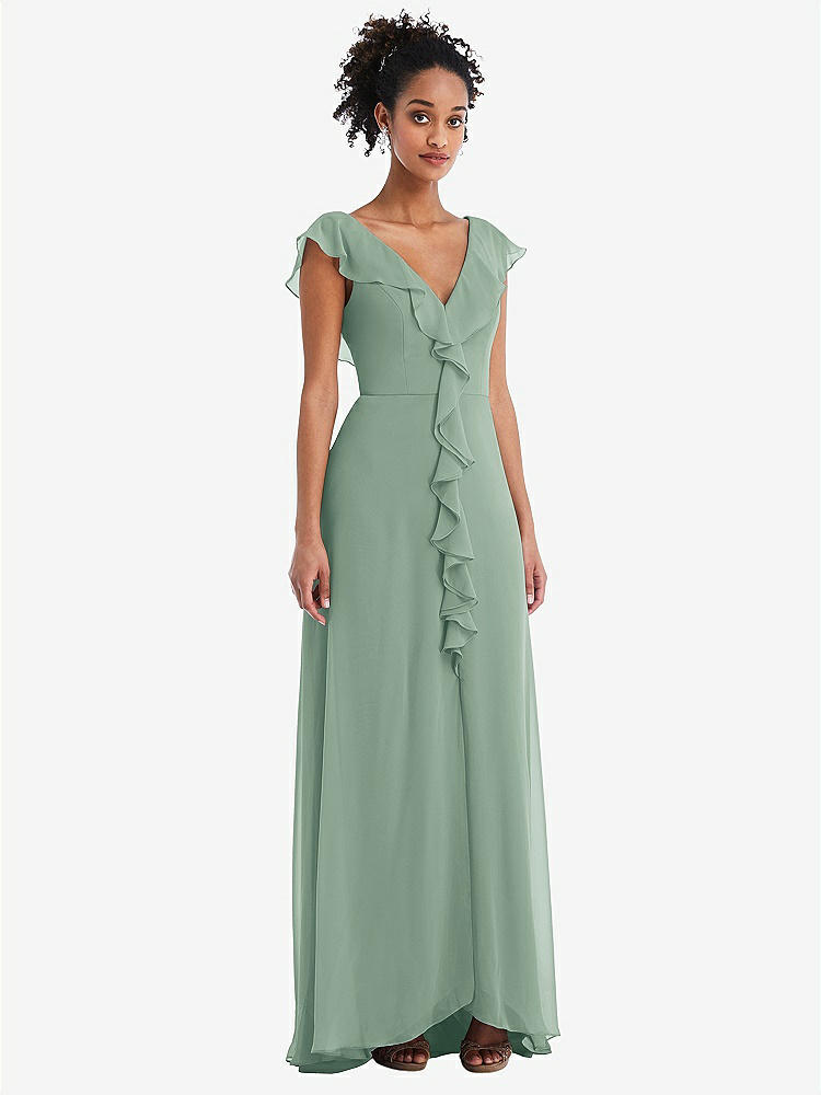 【STYLE: TH064】Ruffle-Trimmed V-Back Chiffon Maxi Dress【COLOR: Seagrass】