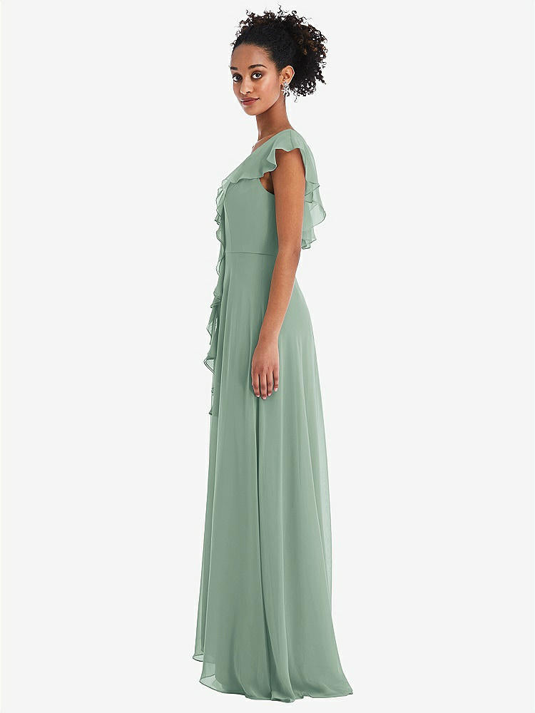 【STYLE: TH064】Ruffle-Trimmed V-Back Chiffon Maxi Dress【COLOR: Seagrass】