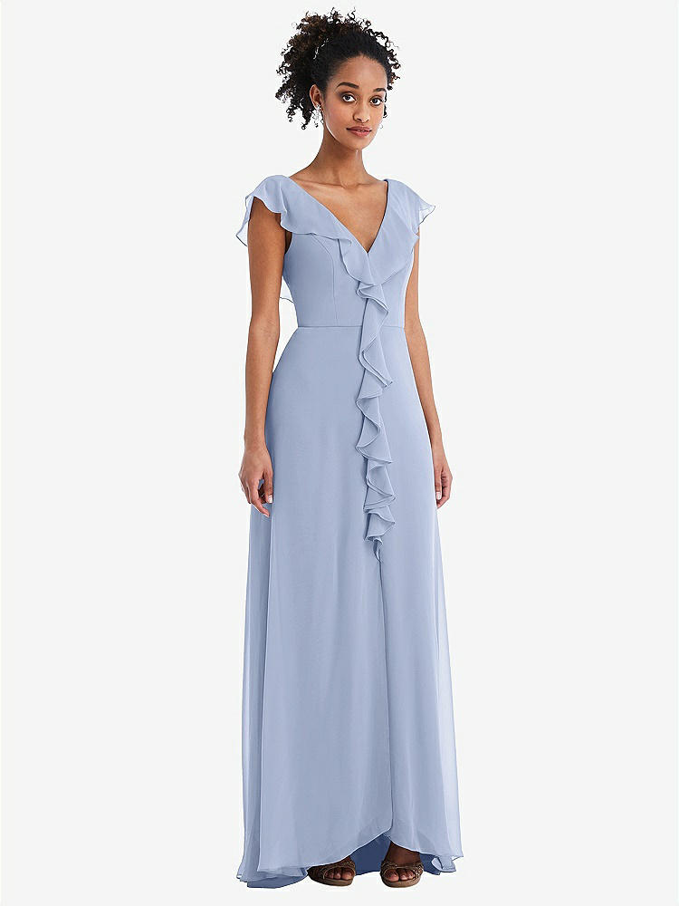【NEW】【STYLE: TH064】Ruffle-Trimmed V-Back Chiffon Maxi ドレス【COLOR: Sky Blue】【SIZE: 00-30W】