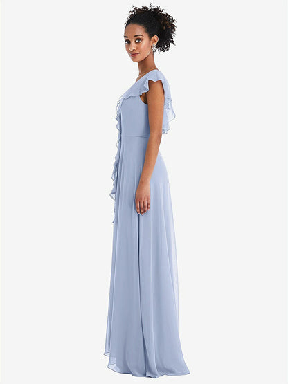 【NEW】【STYLE: TH064】Ruffle-Trimmed V-Back Chiffon Maxi ドレス【COLOR: Sky Blue】【SIZE: 00-30W】