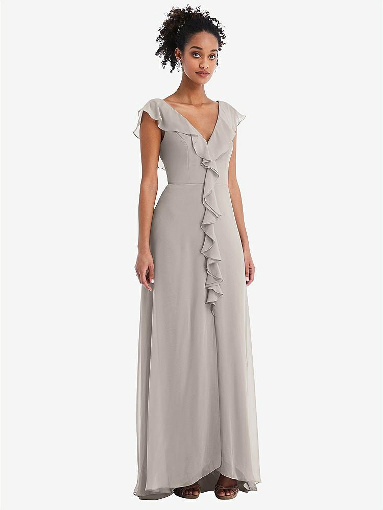 【NEW】【STYLE: TH064】Ruffle-Trimmed V-Back Chiffon Maxi ドレス【COLOR: Taupe】【SIZE: 00-30W】