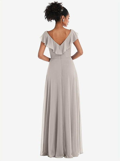 【STYLE: TH064】Ruffle-Trimmed V-Back Chiffon Maxi Dress【COLOR: Taupe】