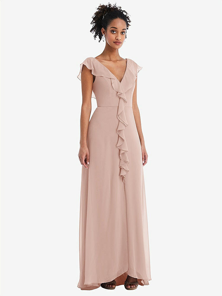 【NEW】【STYLE: TH064】Ruffle-Trimmed V-Back Chiffon Maxi ドレス【COLOR: Toasted Sugar】【SIZE: 00-30W】
