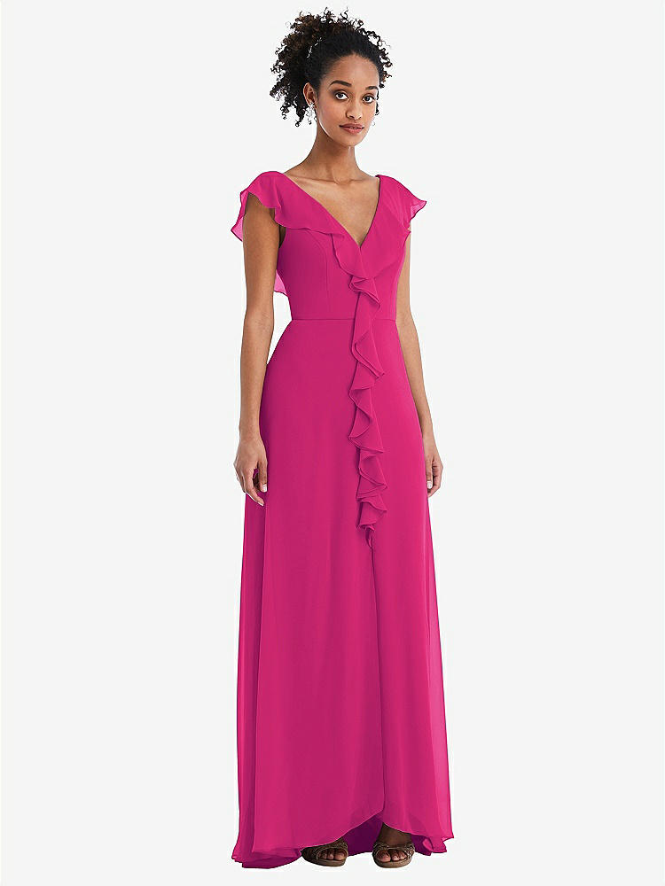 【STYLE: TH064】Ruffle-Trimmed V-Back Chiffon Maxi Dress【COLOR: Think Pink】