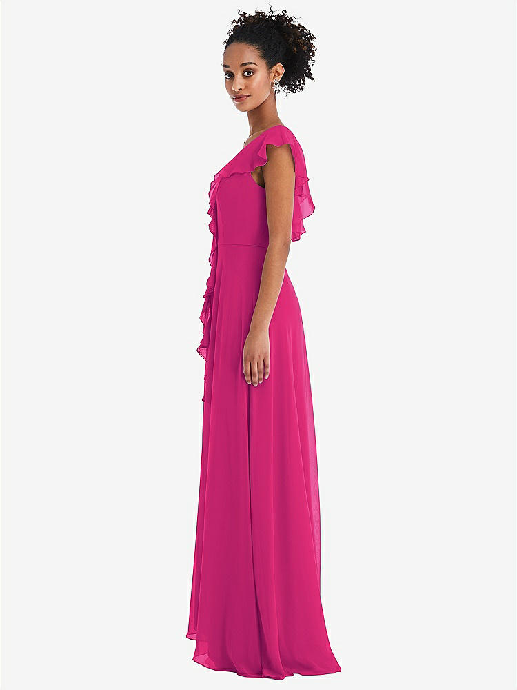 【STYLE: TH064】Ruffle-Trimmed V-Back Chiffon Maxi Dress【COLOR: Think Pink】