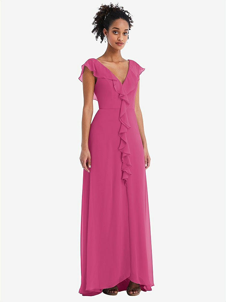【STYLE: TH064】Ruffle-Trimmed V-Back Chiffon Maxi Dress【COLOR: Tea Rose】