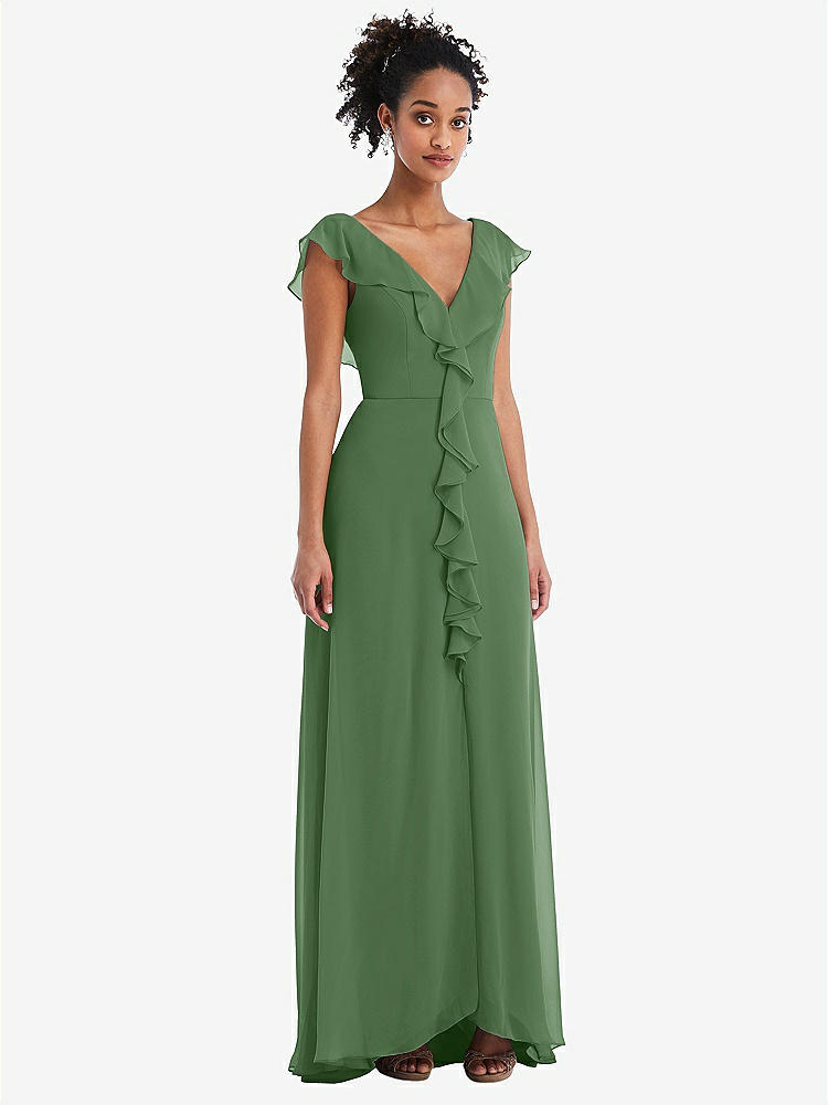 【STYLE: TH064】Ruffle-Trimmed V-Back Chiffon Maxi Dress【COLOR: Vineyard Green】
