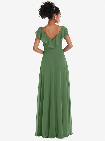 【STYLE: TH064】Ruffle-Trimmed V-Back Chiffon Maxi Dress【COLOR: Vineyard Green】