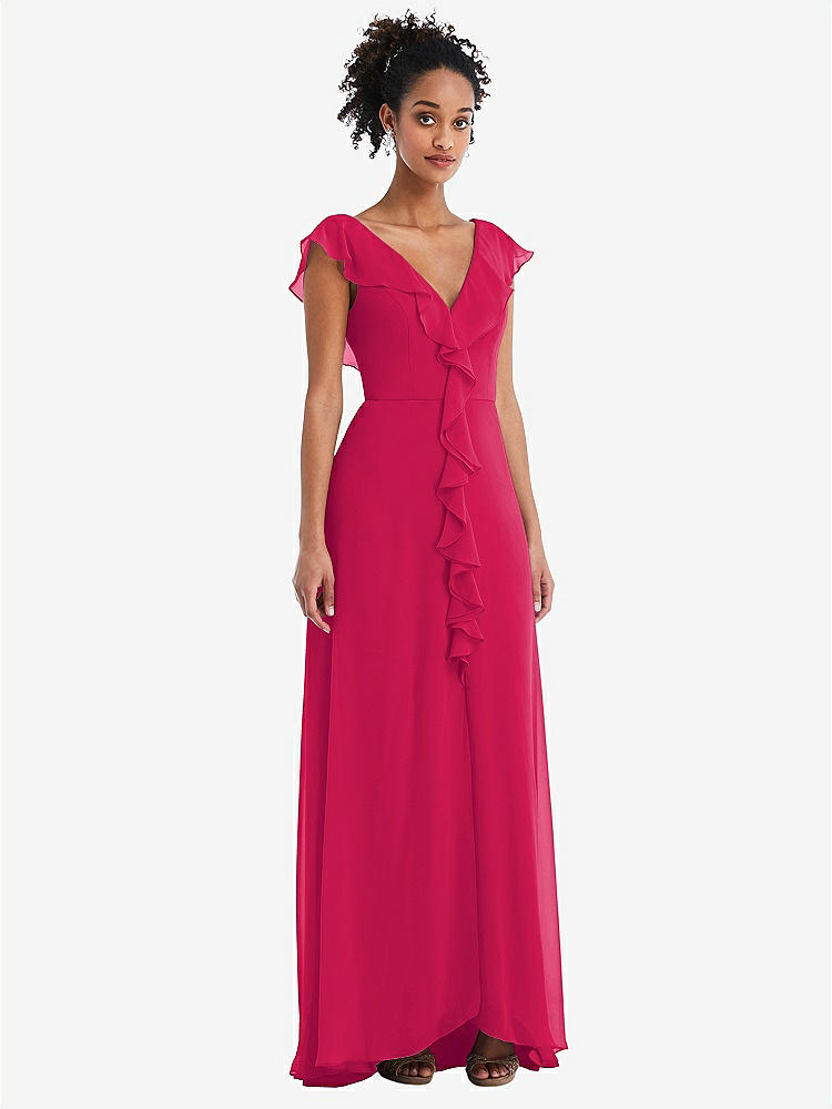 【STYLE: TH064】Ruffle-Trimmed V-Back Chiffon Maxi Dress【COLOR: Vivid Pink】