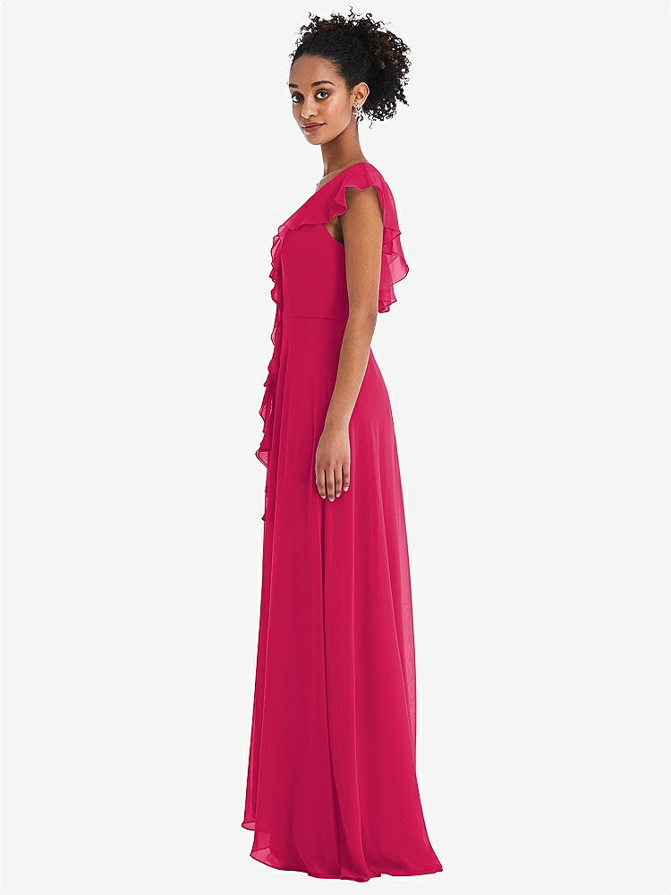 【STYLE: TH064】Ruffle-Trimmed V-Back Chiffon Maxi Dress【COLOR: Vivid Pink】