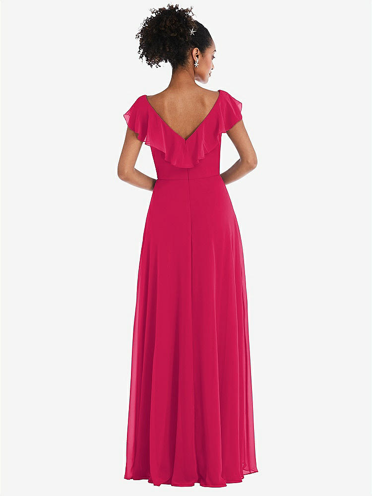 【STYLE: TH064】Ruffle-Trimmed V-Back Chiffon Maxi Dress【COLOR: Vivid Pink】