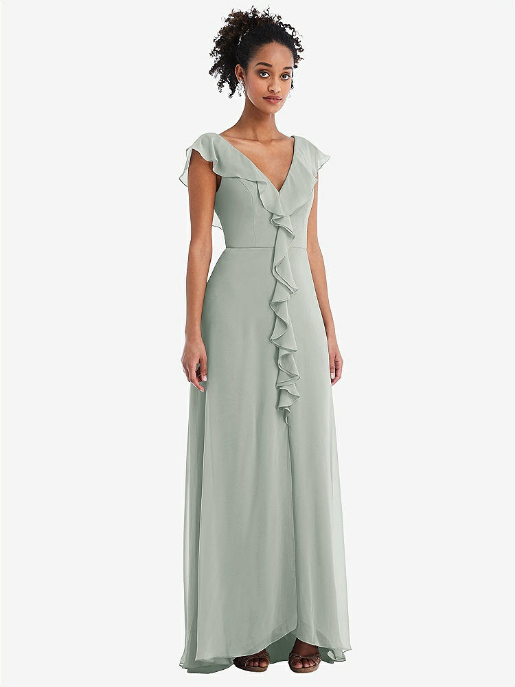 【NEW】【STYLE: TH064】Ruffle-Trimmed V-Back Chiffon Maxi ドレス【COLOR: Willow Green】【SIZE: 00-30W】
